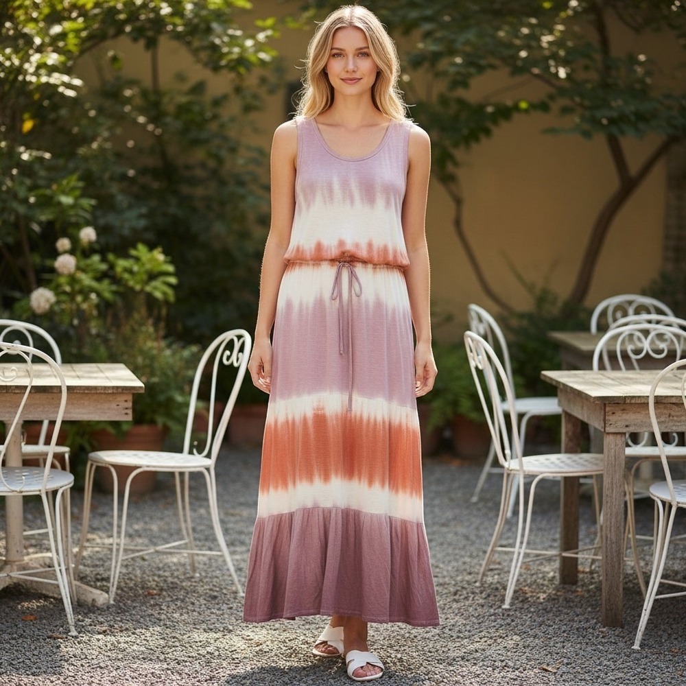 Knox Rose Maxi Dress Womens Large Pink Orange Tie Dye Sleeveless Tiered Boho